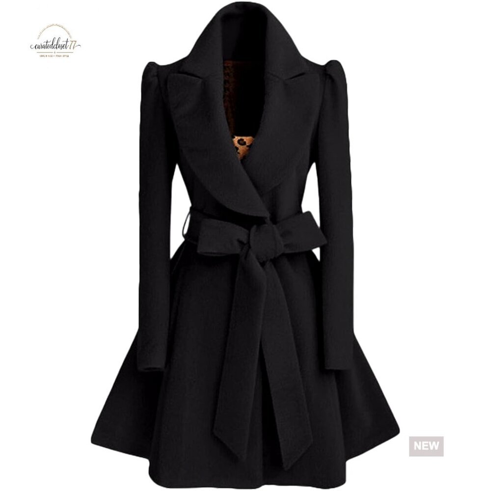 Wool Blend Trench Coat Double Breasted Belted A-Line Flared Winter Dress
